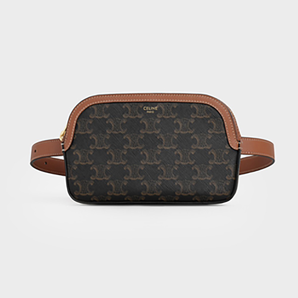 Front view of Celine Women Small Belt Bag in Triomphe Canvas brown