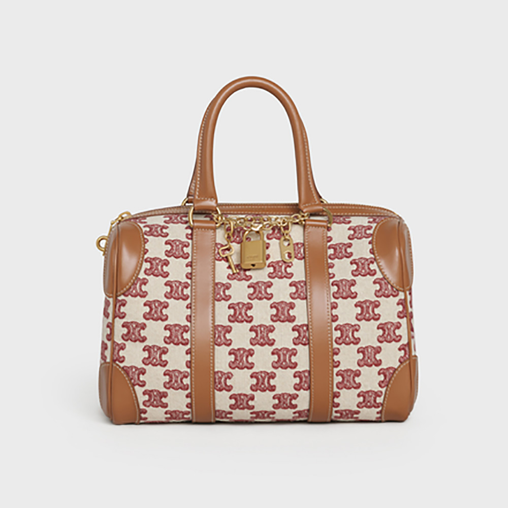Front view of Celine Women Small Boston Bag in brown textile