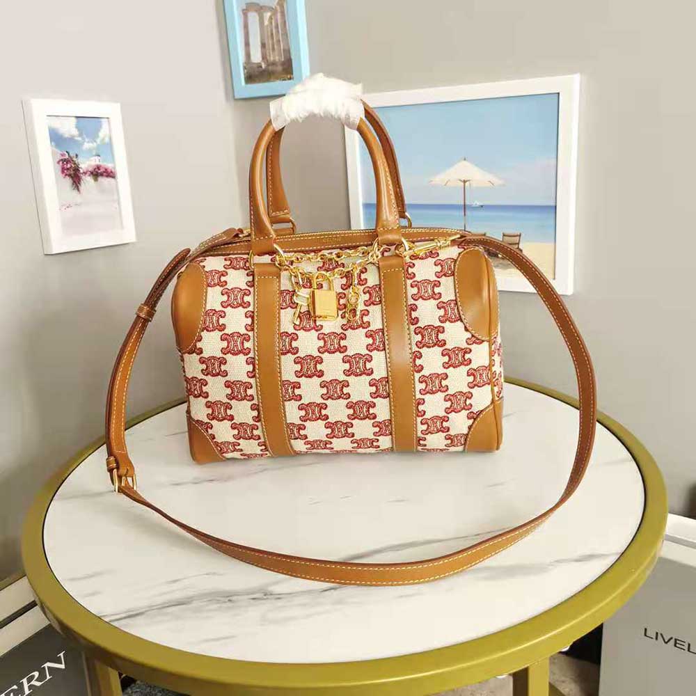 Close-up of Triomphe embroidery detail on Celine Women Small Boston Bag
