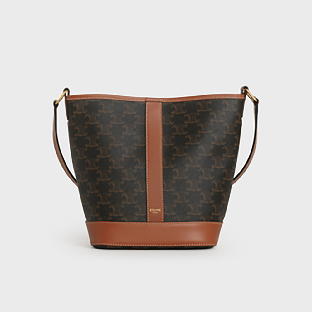 Front view of Celine Women Small Bucket in Triomphe Canvas-Brown