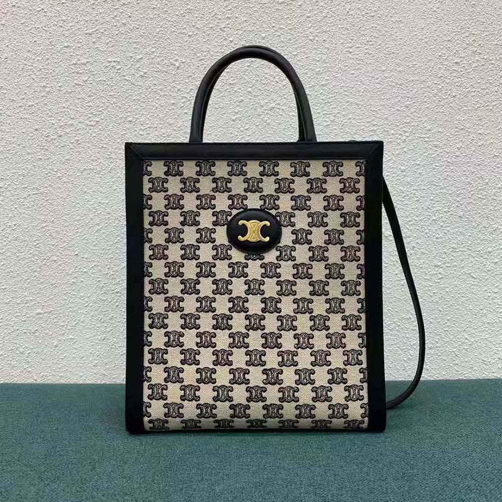 Close-up of gold Triomphe embroidery on Celine Women Small Cabas Vertical