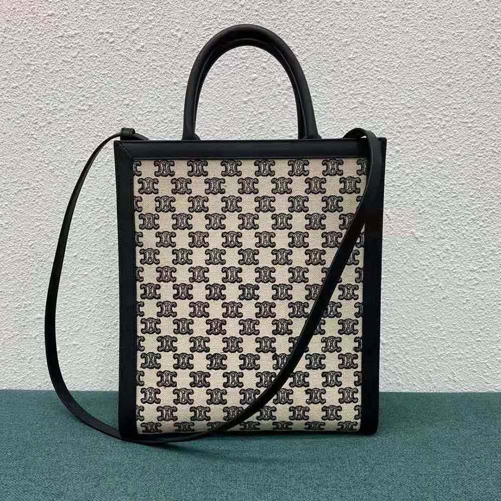 Side angle showing silhouette and shoulder strap of Celine Women Small Cabas Vertical