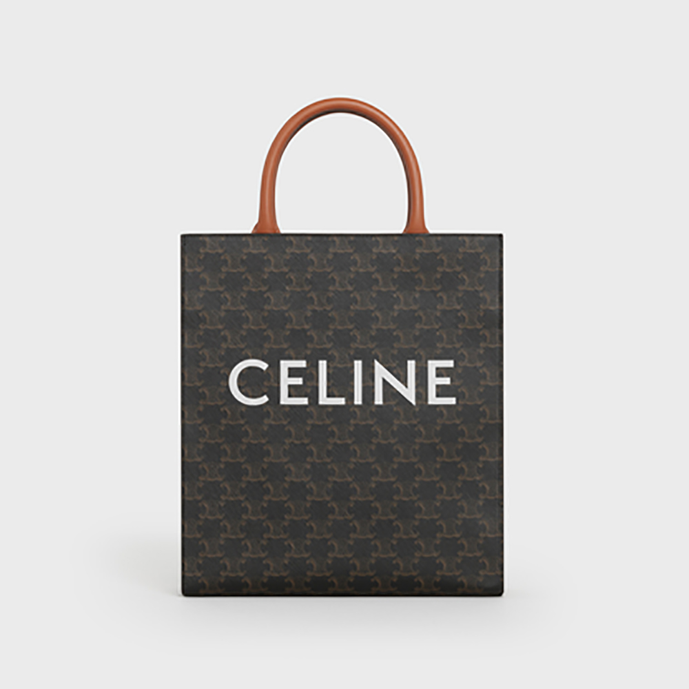 Front view of Celine Women Small Cabas Vertical in Triomphe Canvas brown bag