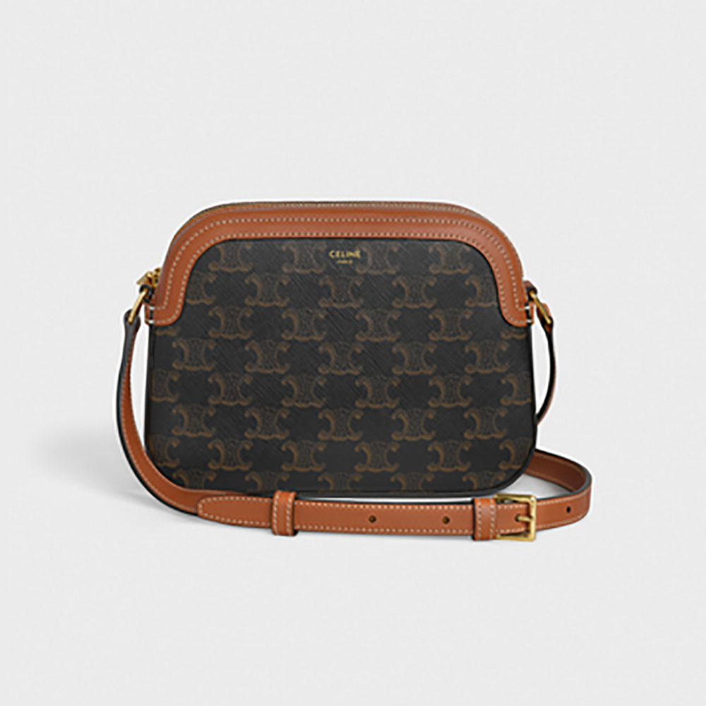 Front view of Celine Women Small Camera Bag in Triomphe Canvas brown design
