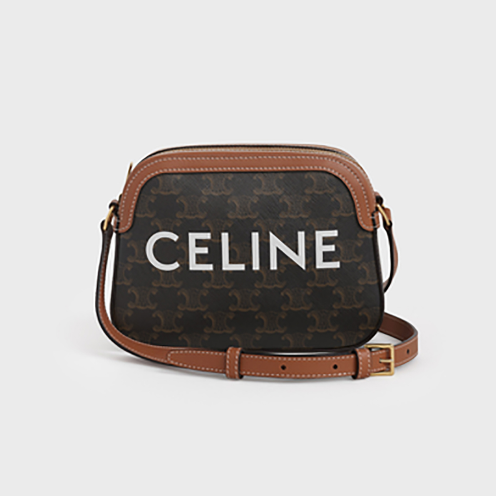 Front view of Celine Women Small Camera Bag in Triomphe Canvas-Brown
