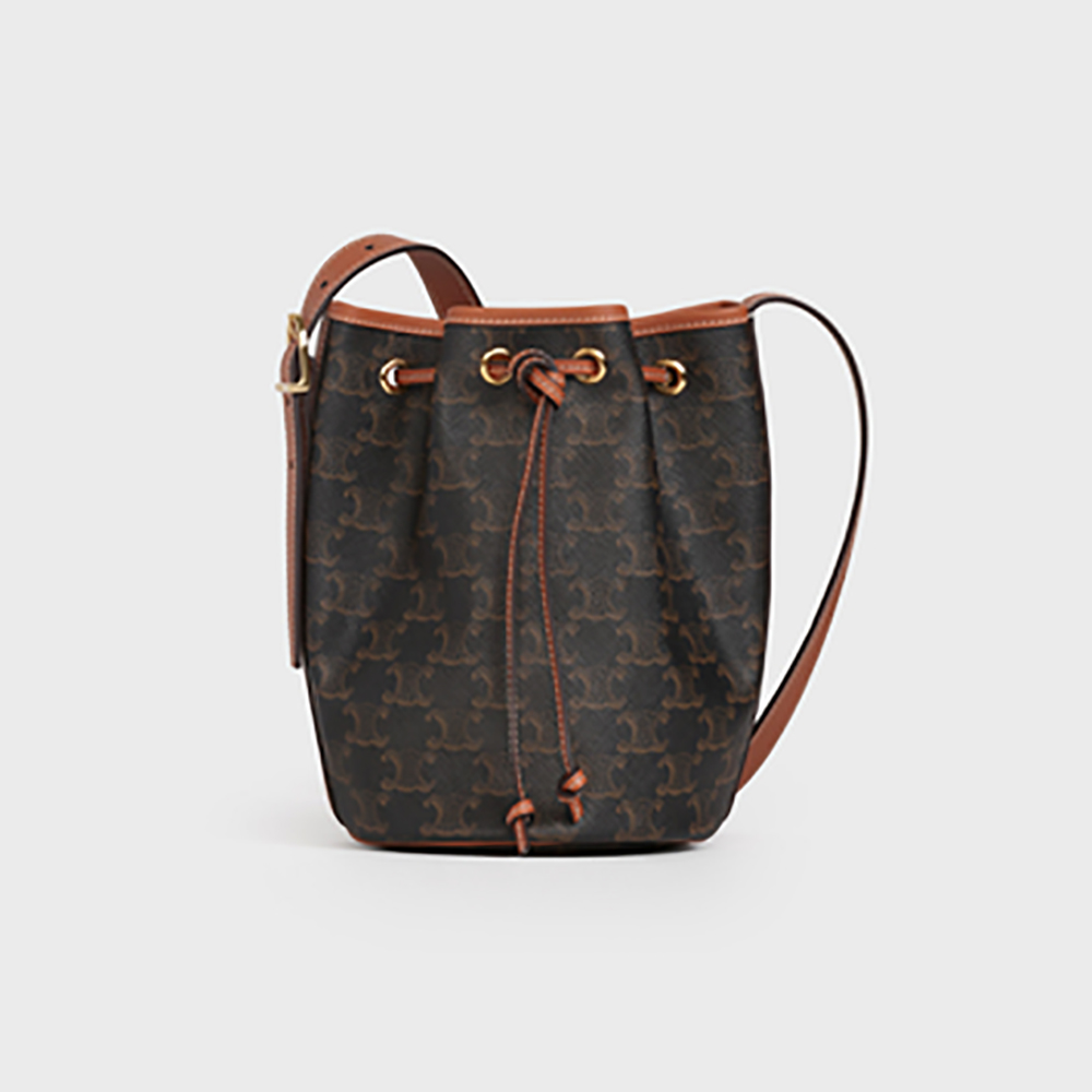 Front view of Celine Women Small Drawstring Bag in Triomphe Canvas brown colour