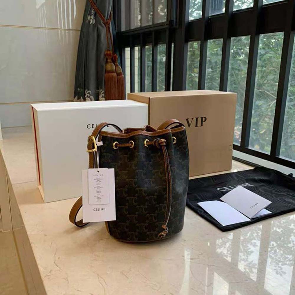 Close-up of drawstring closure and gold hardware on Celine Women Small Drawstring Bag
