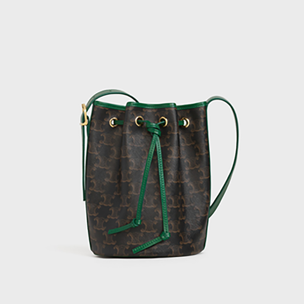 Front view of Celine Women Small Drawstring Bag in Triomphe Canvas-Green
