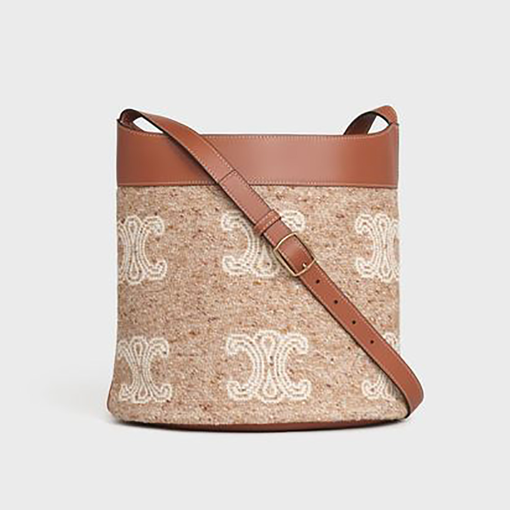 Front view of Celine Women Small Soft Bucket Bag in brown jacquard and calfskin