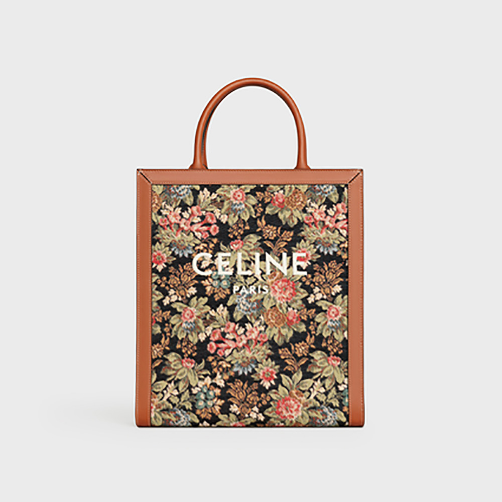 Front view of Celine Women Small Vertical Cabas Celine in brown floral jacquard