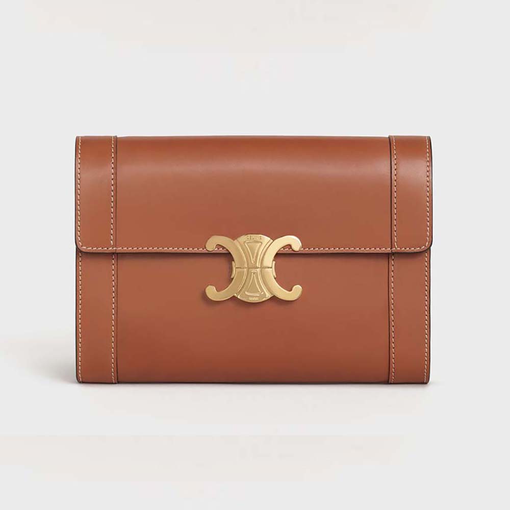 Front view of Celine Women Strap Bag Triomphe in Natural Calfskin-Brown
