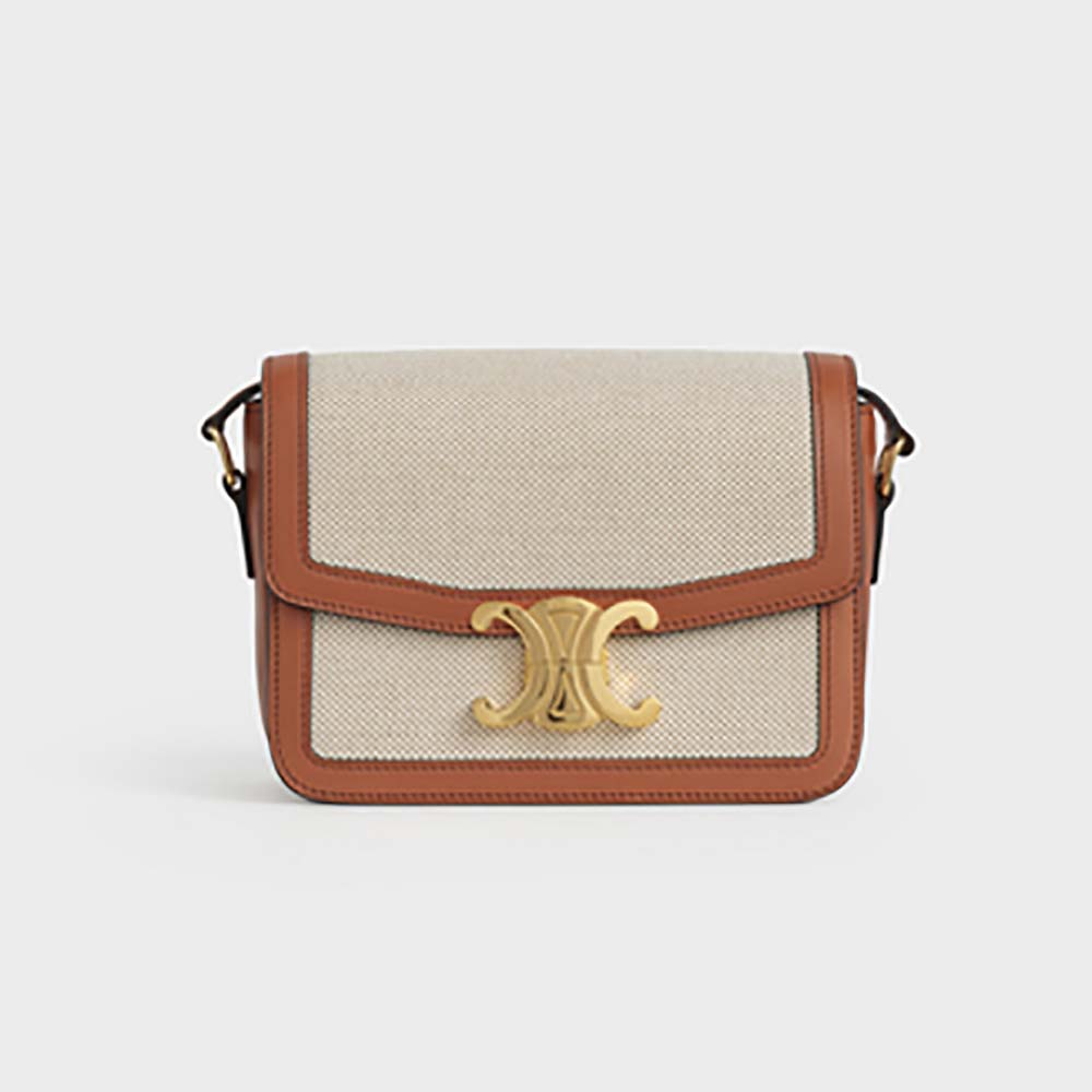 Front view of Celine Women Teen Triomphe Bag in beige textile and calfskin