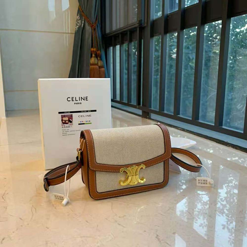Close-up of gold-tone Triomphe clasp on Celine Women Teen Triomphe Bag