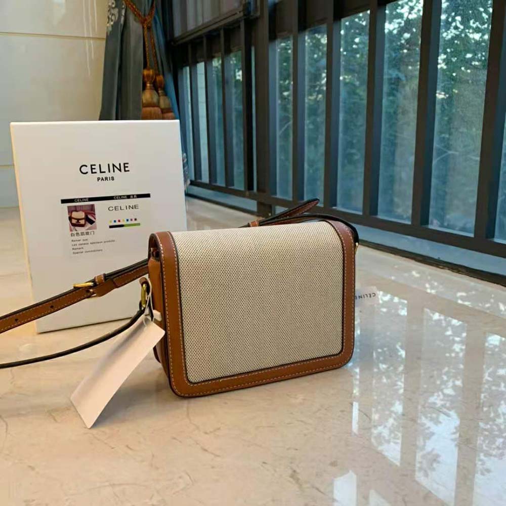 Side angle showing silhouette and adjustable strap of Celine Women Teen Triomphe Bag