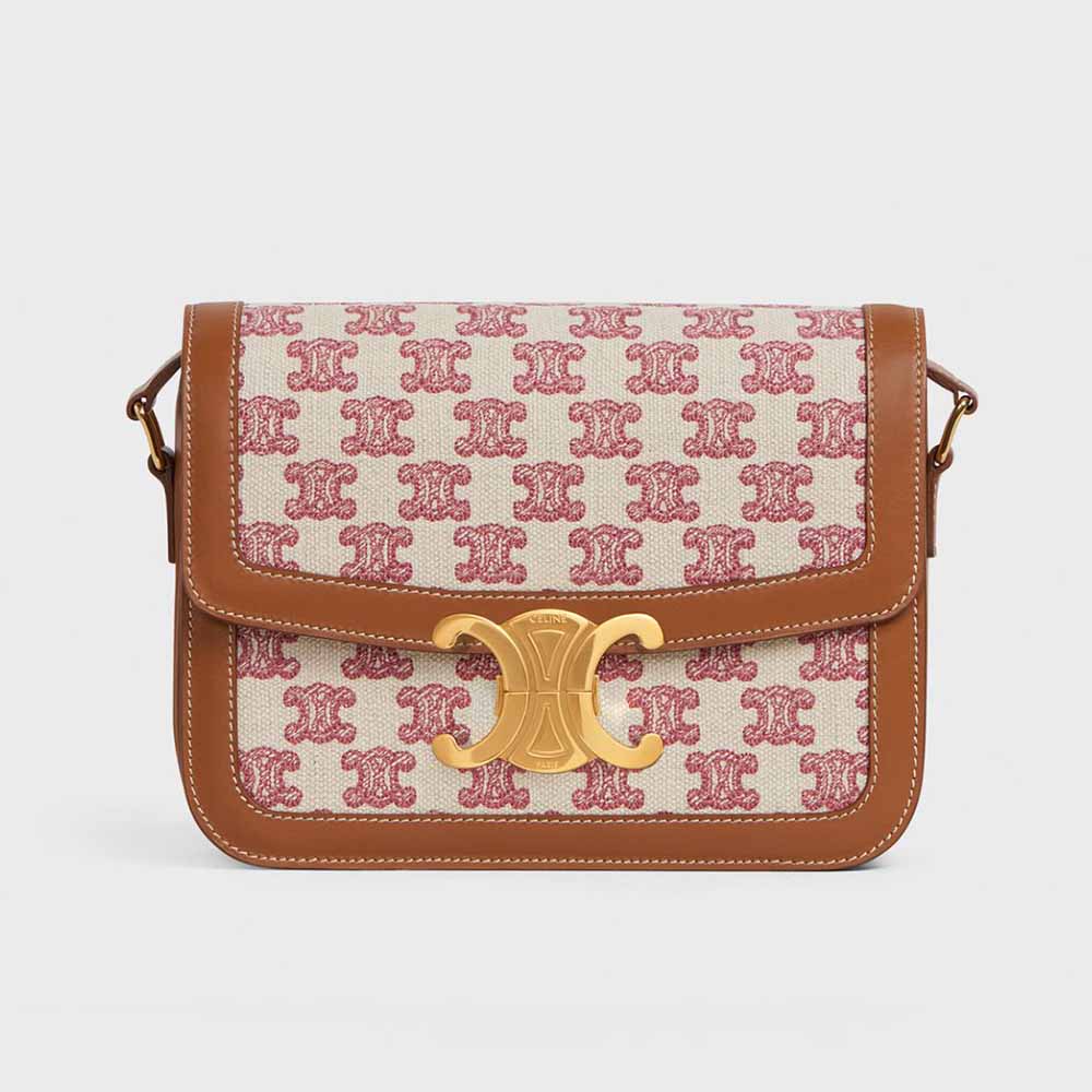 Front view of Celine Women Teen Triomphe Bag in red textile
