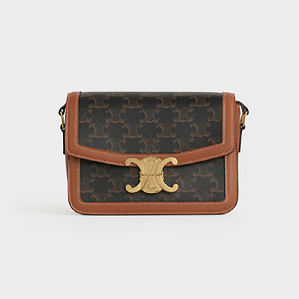 Front view of Celine Women Teen Triomphe Bag in brown canvas and calfskin