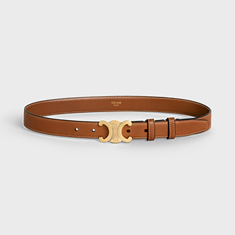 Front view of Celine Women Triomphe Belt in Natural Calfskin-Brown with gold buckle
