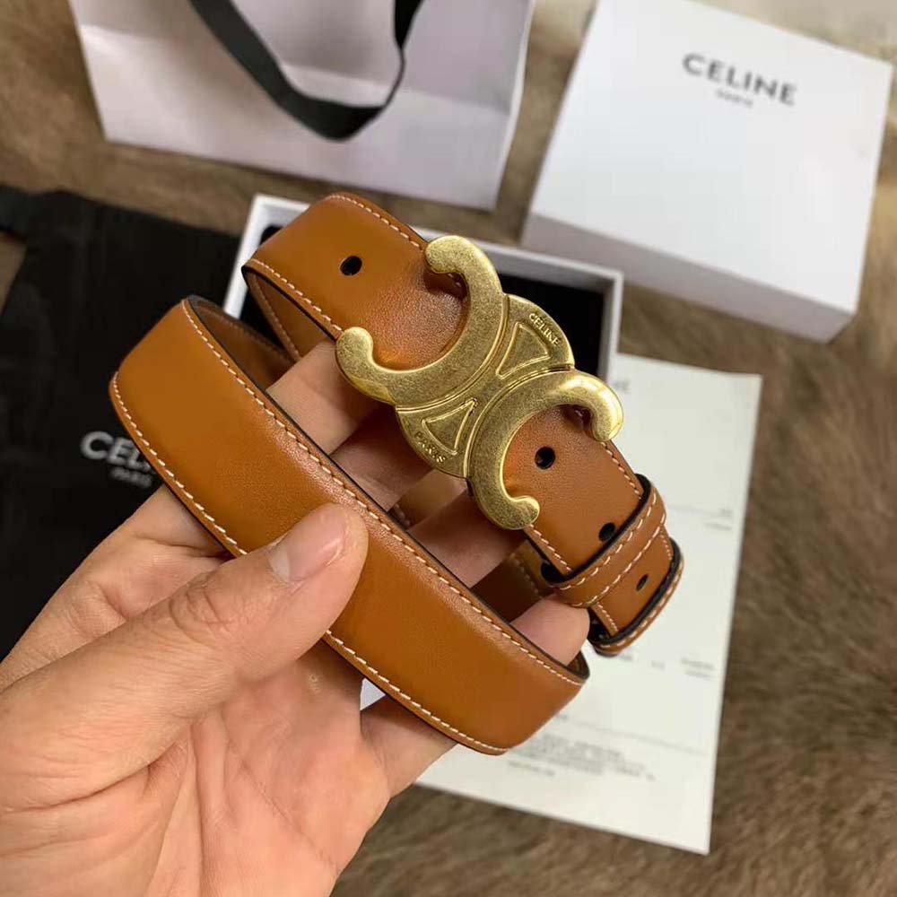 Close-up detail of the gold Triomphe buckle on Celine Women Triomphe Belt