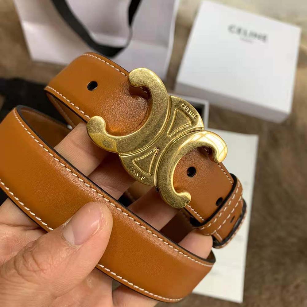 Side angle showing smooth brown calfskin texture on Celine Women Triomphe Belt