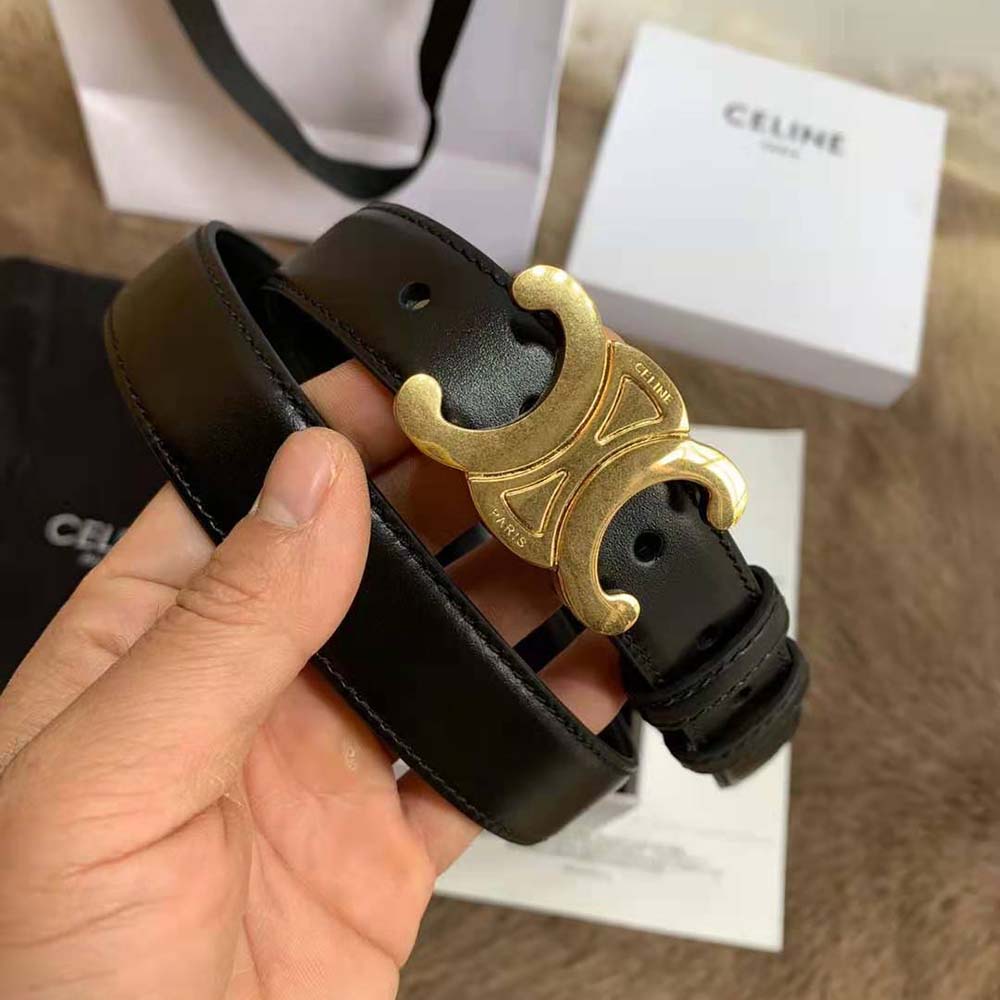 Close-up of gold Triomphe buckle on Celine Women Triomphe Belt