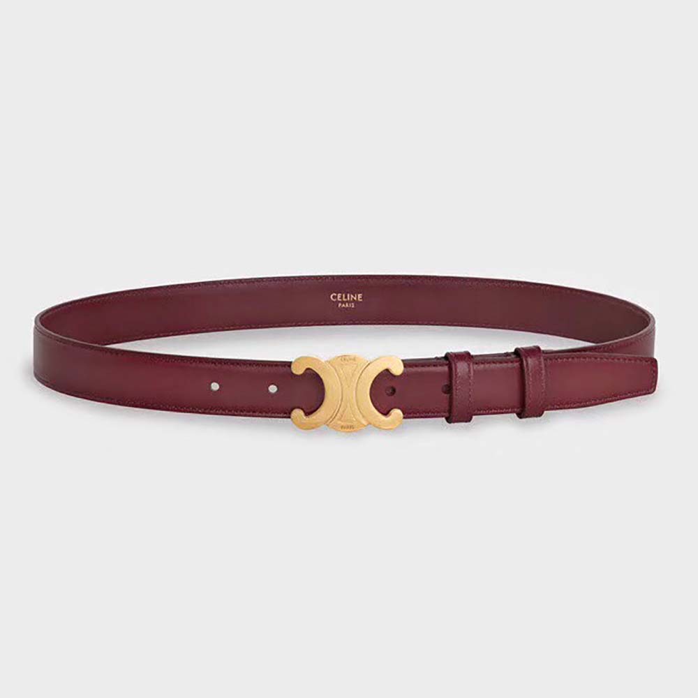 Front view of Celine Women Triomphe Belt in Smooth Calfskin-Maroon with buckle