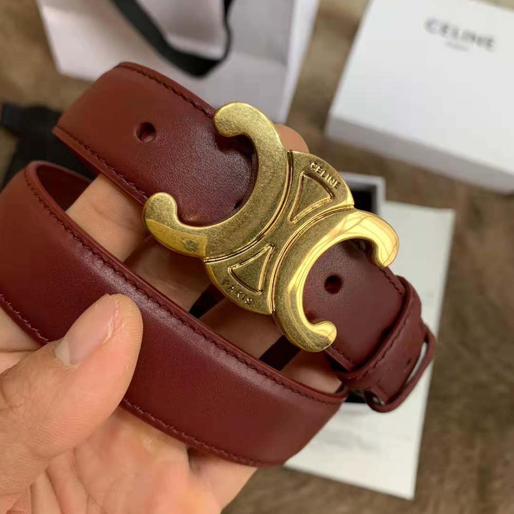 Side angle showing smooth maroon leather texture on Celine Women Triomphe Belt
