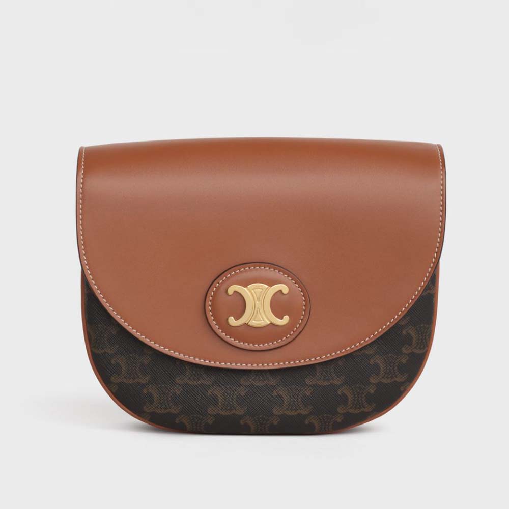 Front view of Celine Women Triomphe Saddle Bag in brown canvas