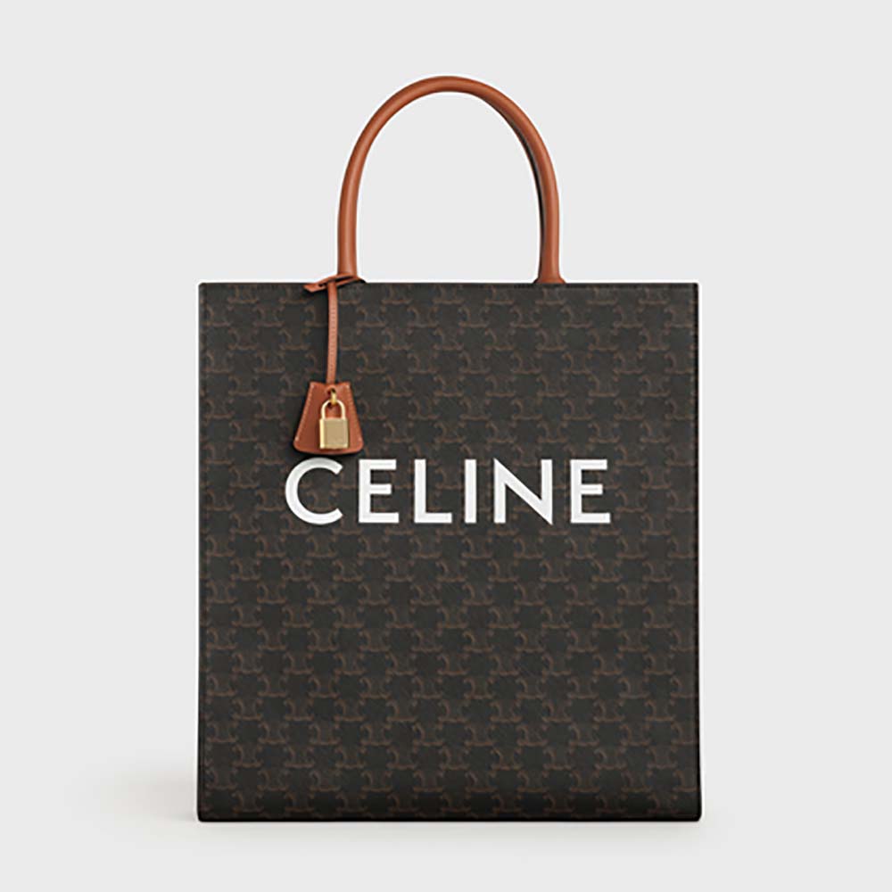 Front view of Celine Women Vertical Cabas in Triomphe Canvas brown bag