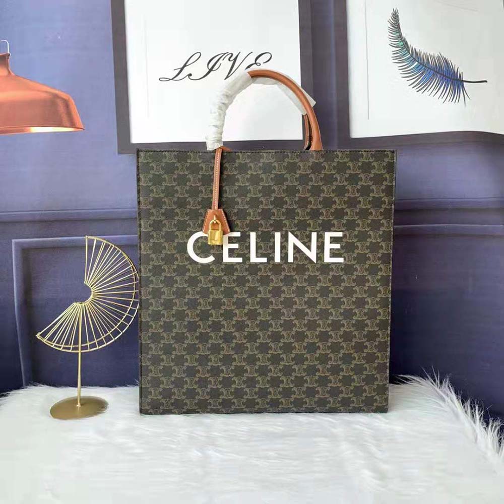 Close-up of signature Triomphe canvas and gold hardware on Celine handbag