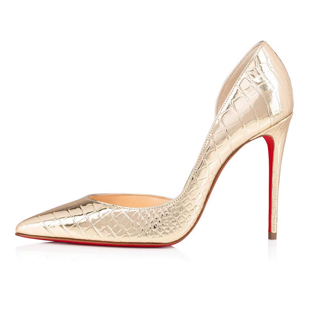 Side profile of Christian Louboutin Women Lriza 100 mm Heel-Gold showing stiletto
