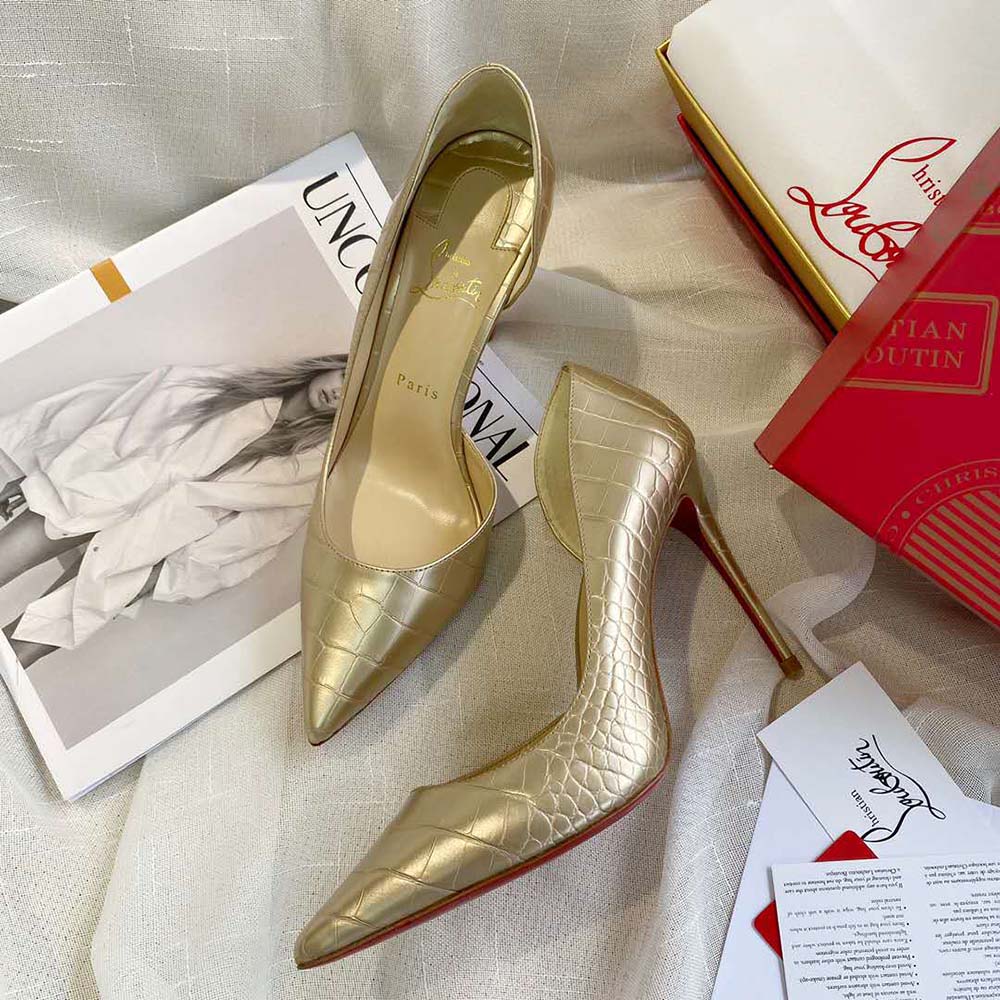 Rear view of Christian Louboutin Women Lriza 100 mm Heel-Gold highlighting heel height