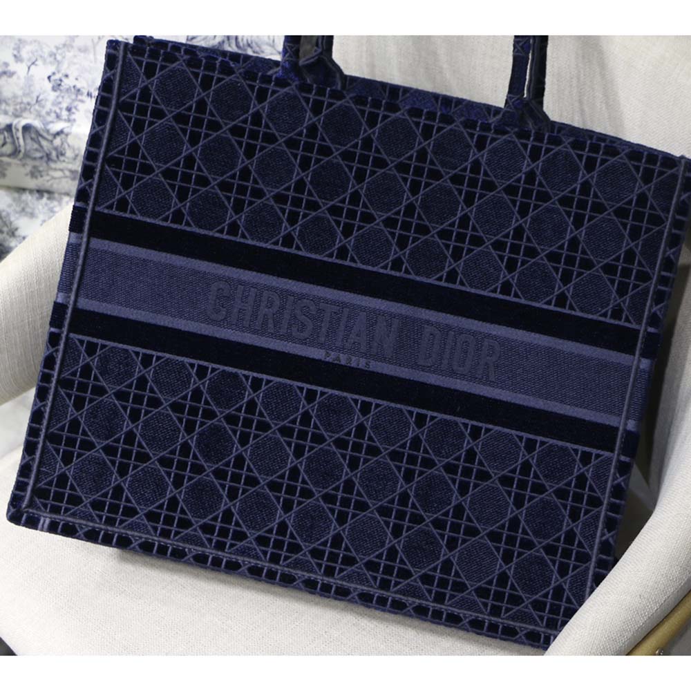 Side angle showing silhouette of Dior Book Tote Blue Cannage Velvet