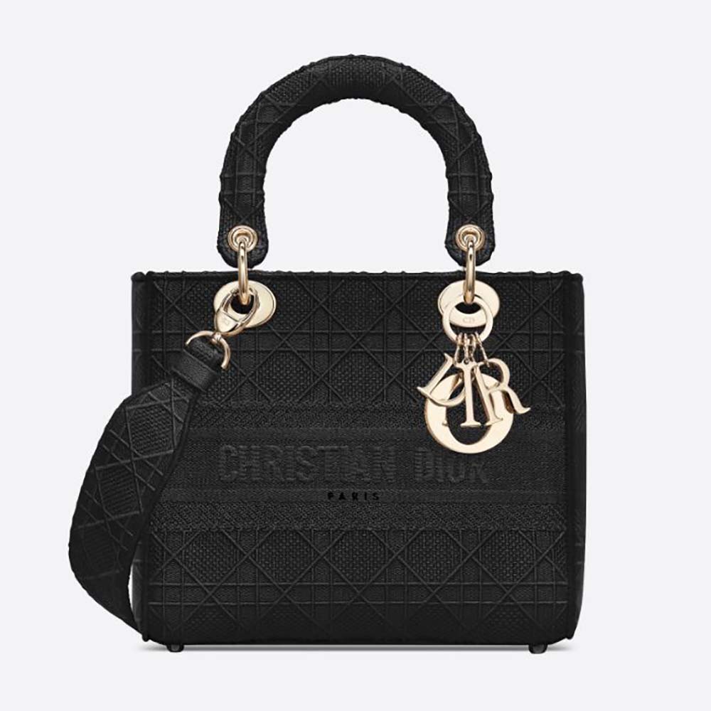Front view of Dior Medium Lady D-Lite Bag Cannage Embroidery-Black