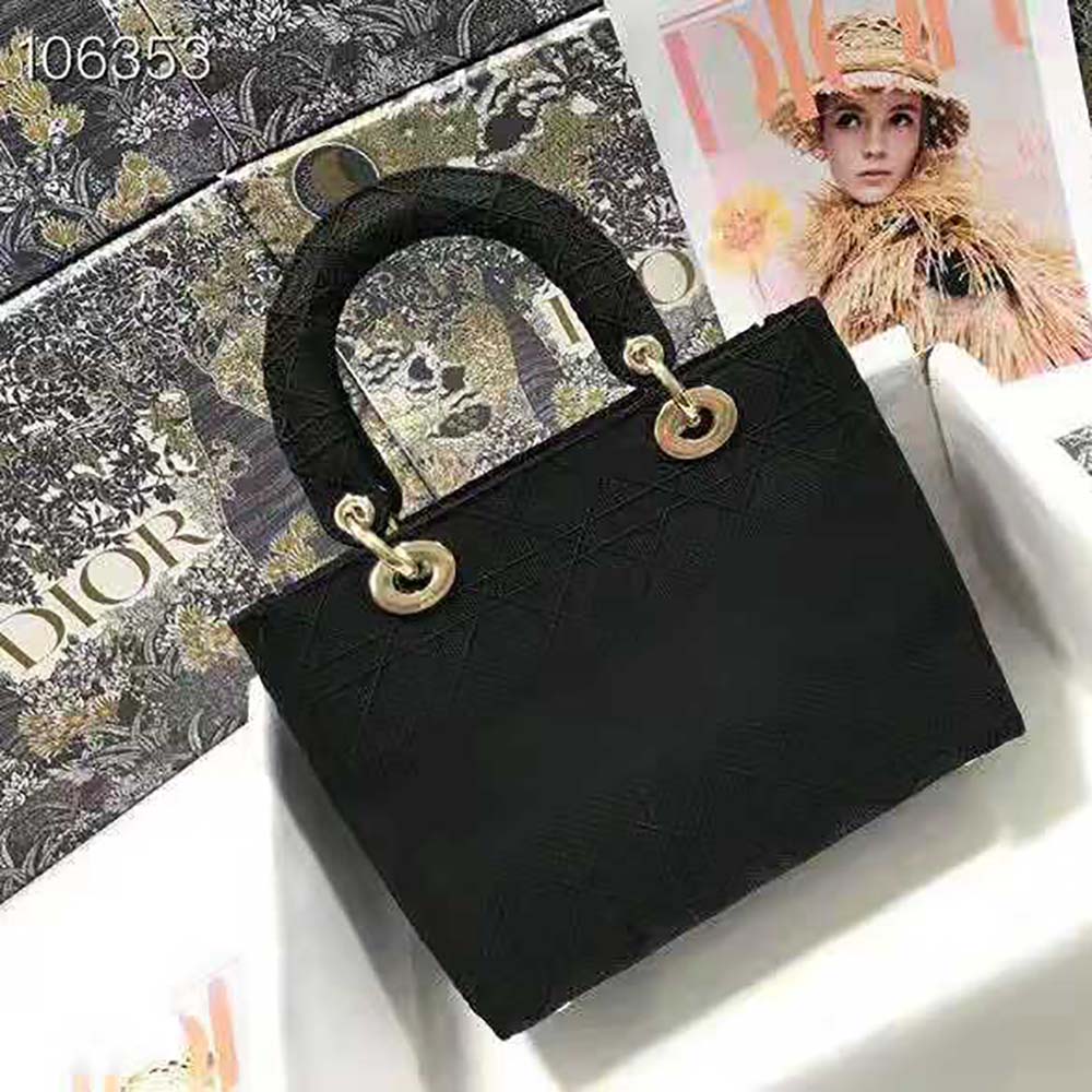 Side angle showing silver hardware on Dior Medium Lady D-Lite Bag Black