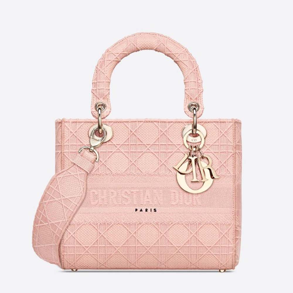 Front view of Dior Medium Lady D-Lite Bag Cannage Embroidery-Pink showing flap