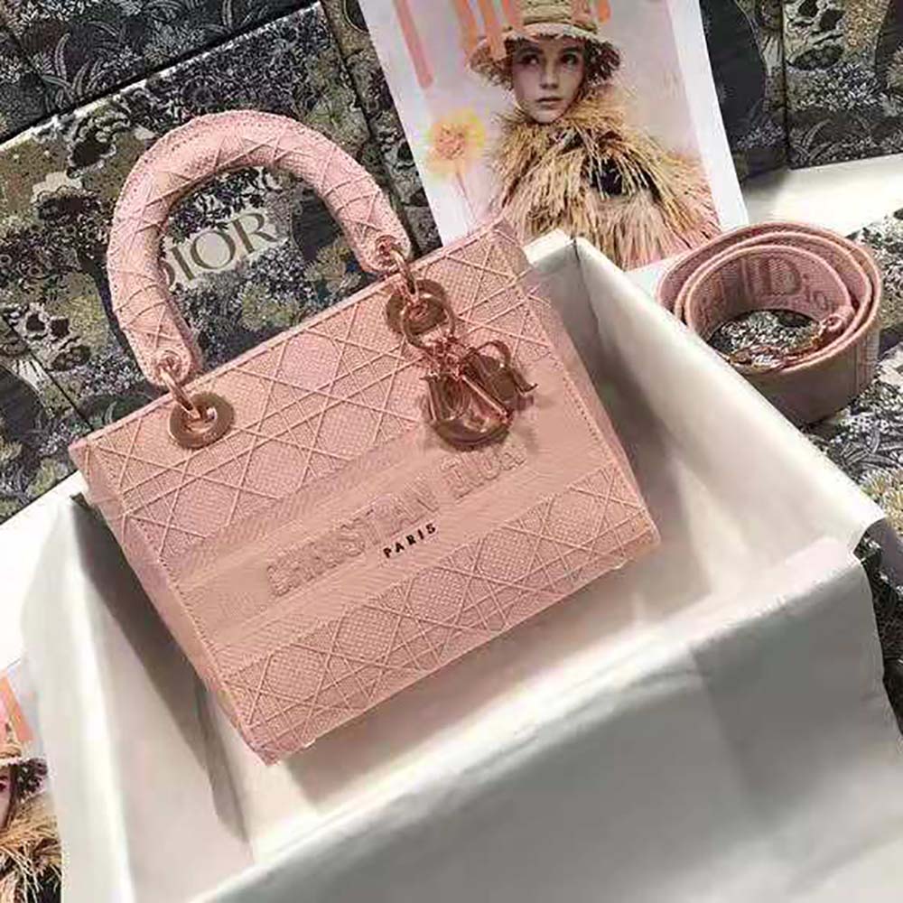 Dior Medium Lady D-Lite Bag Cannage Embroidery-Pink side profile with silver hardware
