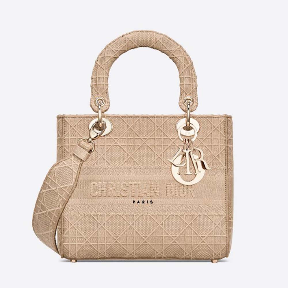 Front view of Dior Medium Lady D-Lite Bag Cannage Embroidery-Sandy
