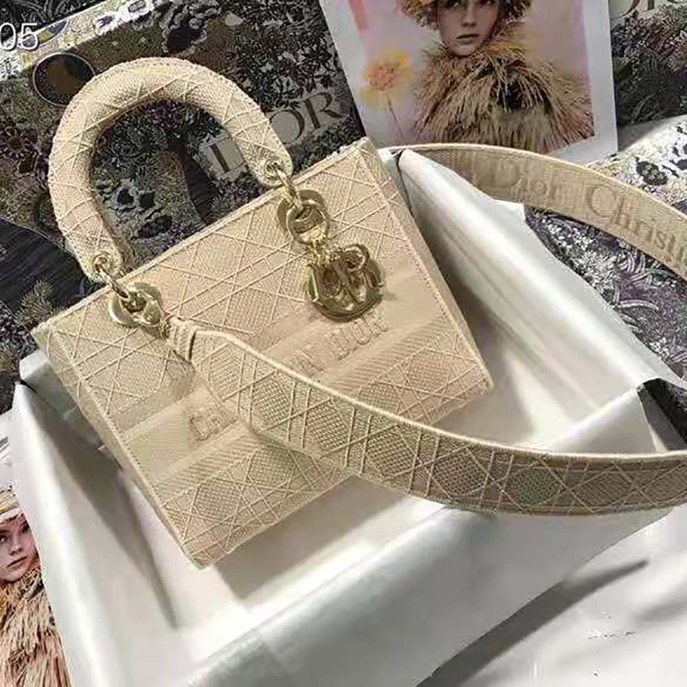 Close-up of Cannage embroidery detail on Dior Medium Lady D-Lite Bag