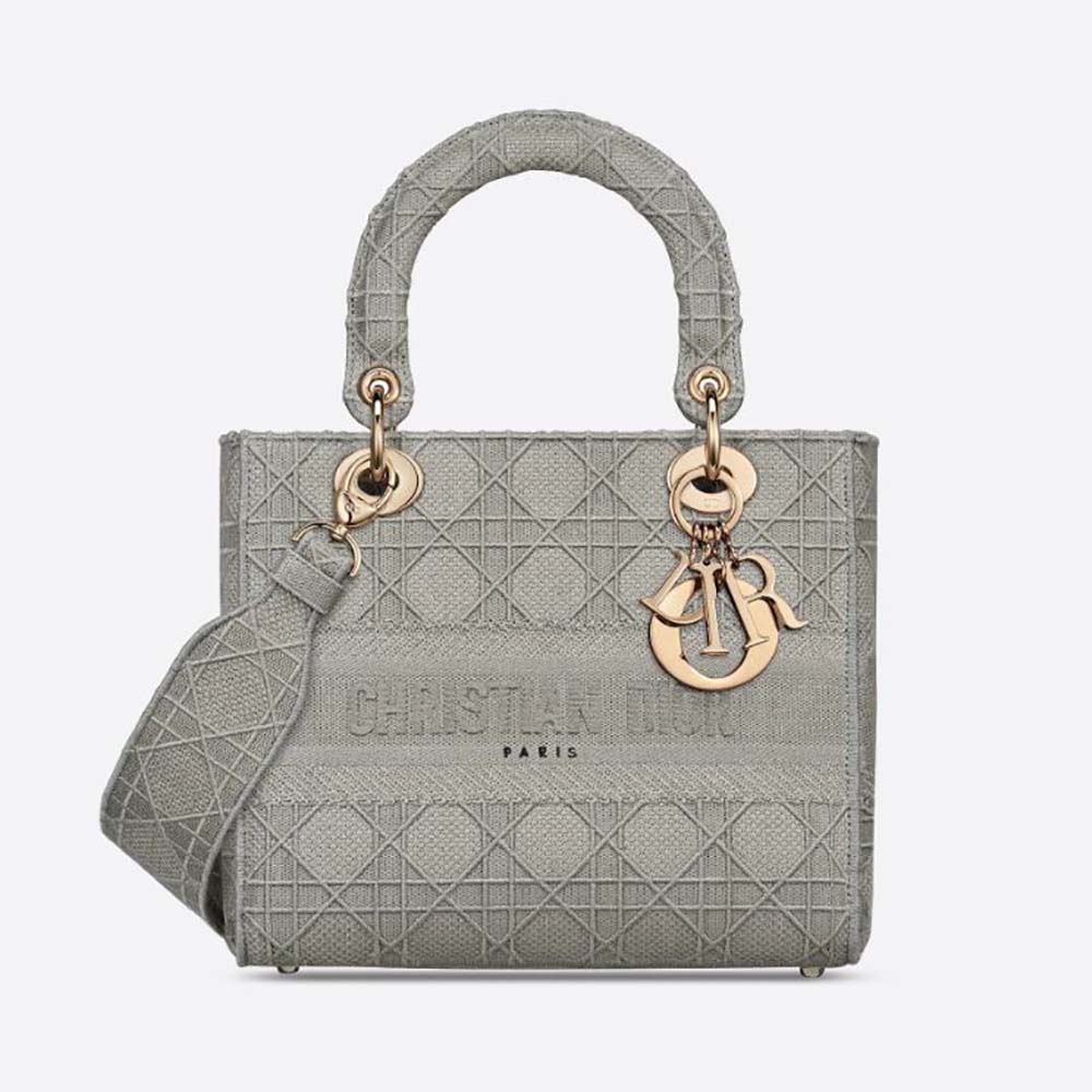 Front view of Dior Medium Lady D-Lite Bag Cannage Embroidery-Silver