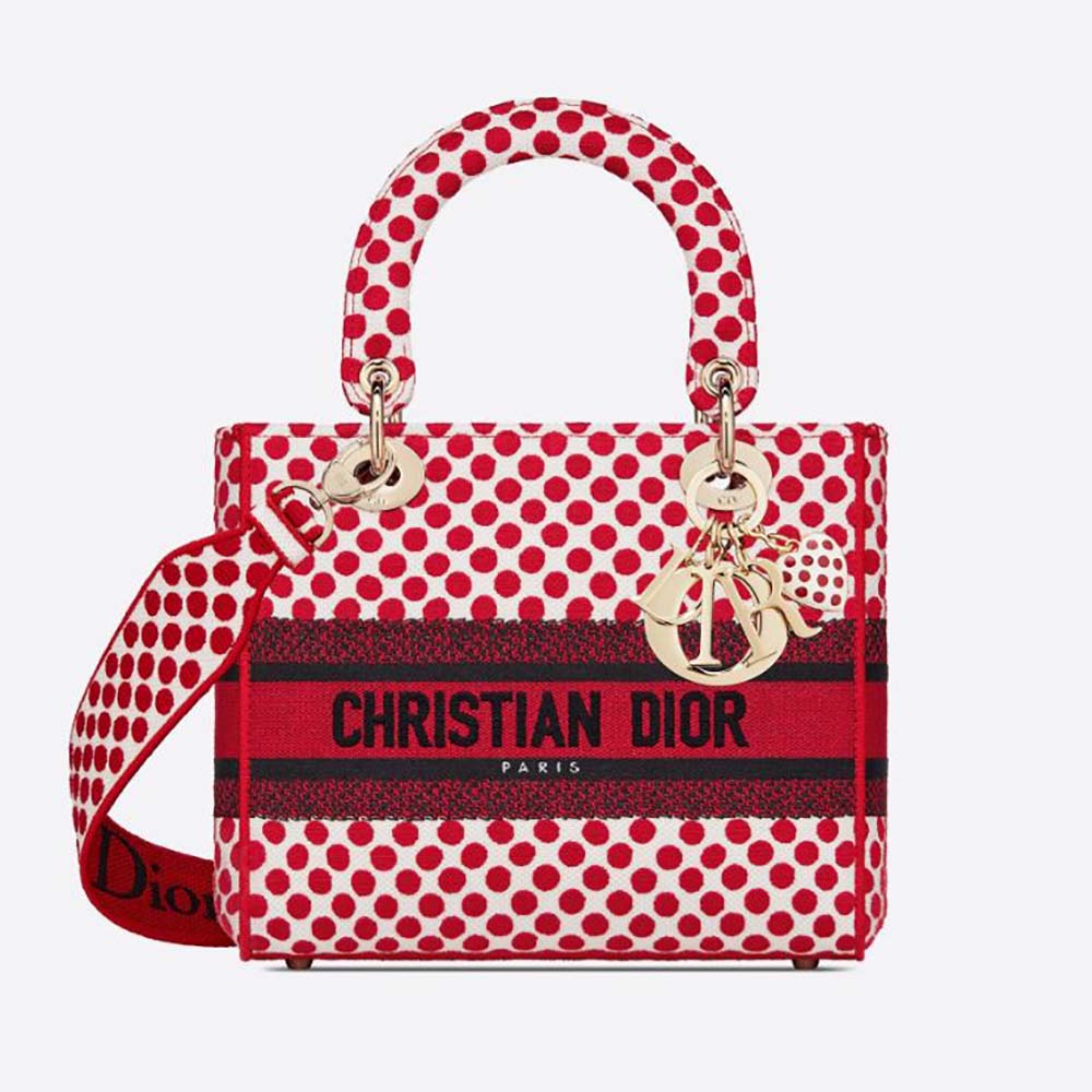 Front view of Dior Medium Lady D-Lite Dioramour Bag with red dots embroidery