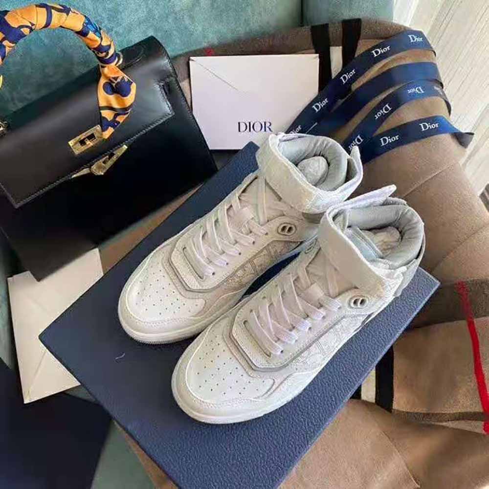 Side profile showing silver hardware on Dior Men B27 High-Top Sneaker Smooth Calfskin White