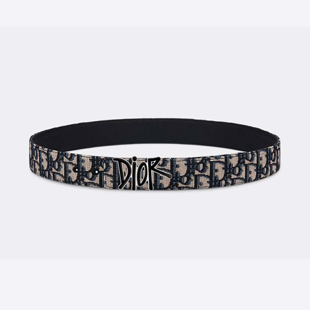 Front view of Dior Men Beige and Black Dior Oblique Jacquard and Black Grained Calfskin, 35 MM belt