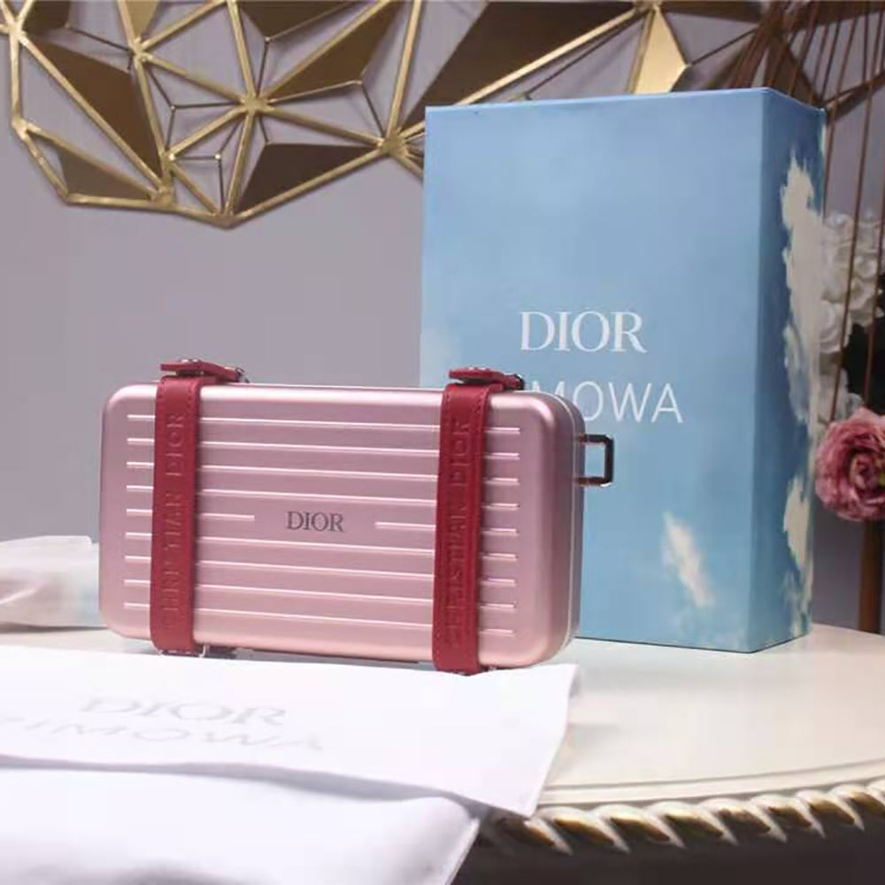 Side angle showing silver-tone zipper detail on Dior Men Dior and Rimowa clutch
