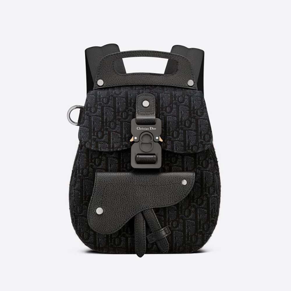 Front view of Dior Men Mini Saddle Backpack Dior Oblique Jacquard-Black