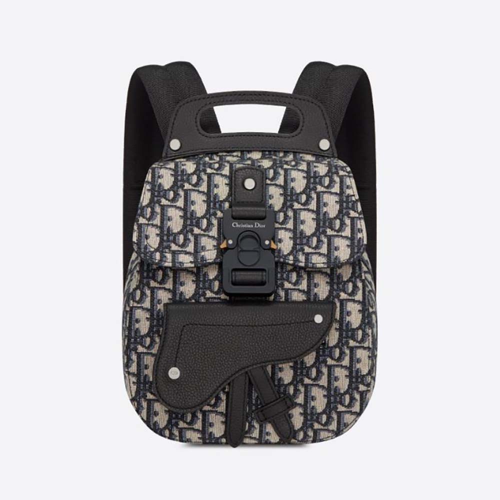Front view of Dior Men Mini Saddle Backpack Dior Oblique Jacquard-White