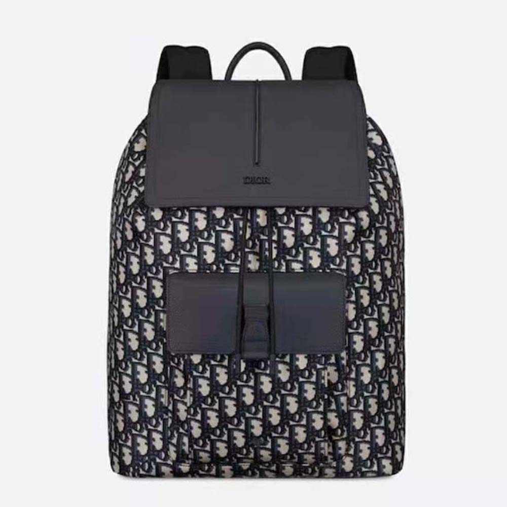 Front view of Dior Men Motion Backpack Beige and Black Dior Oblique Jacquard