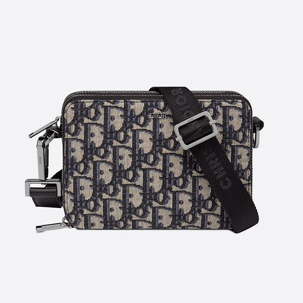Front view of Dior Men Pouch with Shoulder Strap Beige and Black Dior Oblique Jacquard