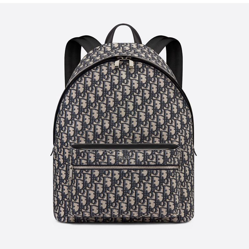 Front view of Dior Men Rider Backpack Beige and Black Dior Oblique Jacquard