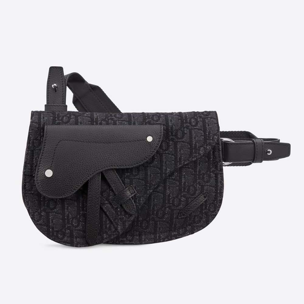 Front view of Dior Men Saddle Pouch Dior Oblique Jacquard-Black belt bag