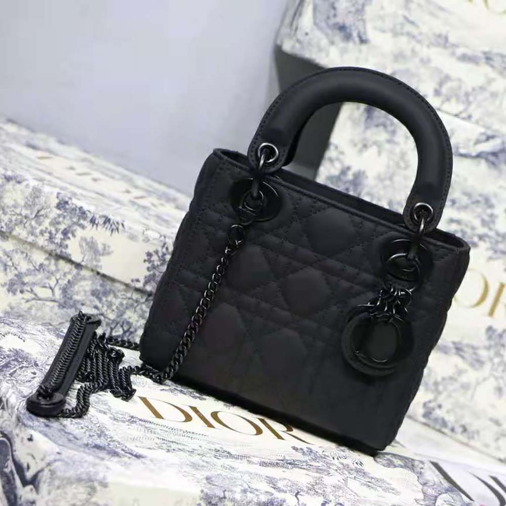 Close-up on silver hardware and Cannage quilting on Dior Mini Lady Dior Bag